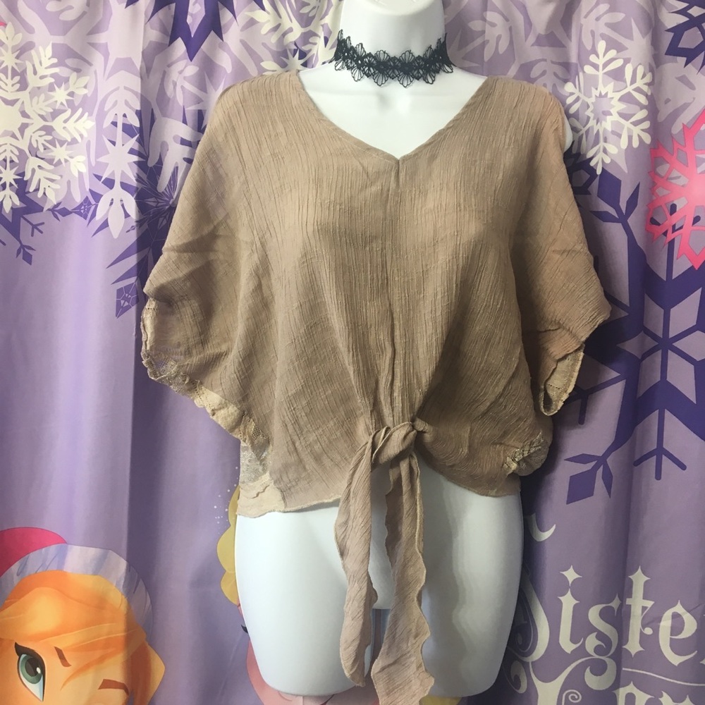 Eunishop |  Tan/Cream Bat Wing Tie Lace Top